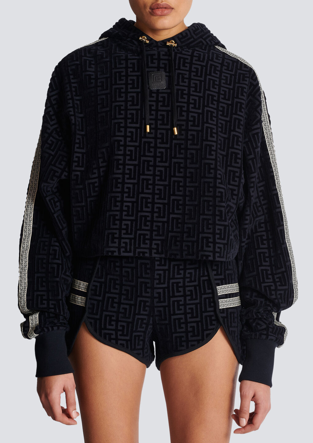 Balmain Monogram-print Cropped Hoodie In Black