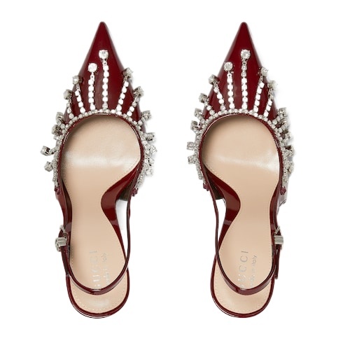 Gucci 105 Crystal Embellished Slingback Pumps In Patent Leather In Red