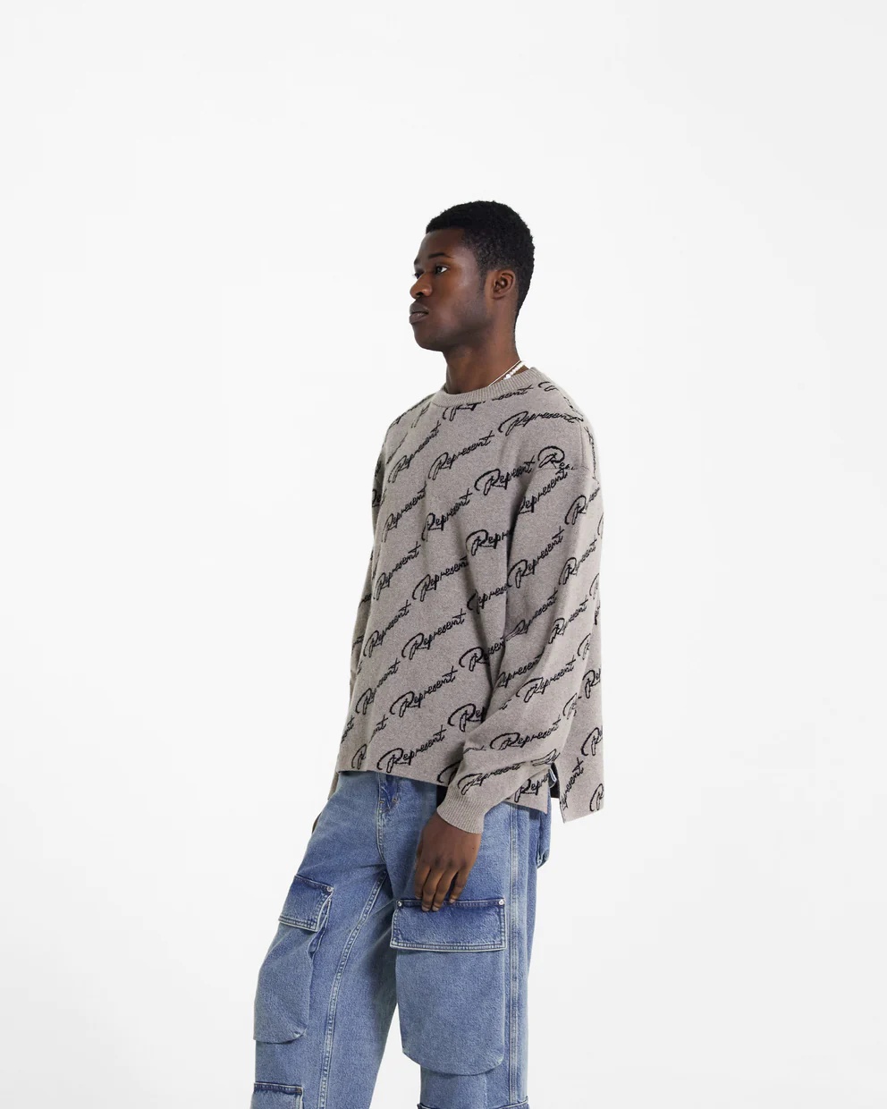 Represent Long-sleeved Jacquard Sweater With Round Neck In Gray