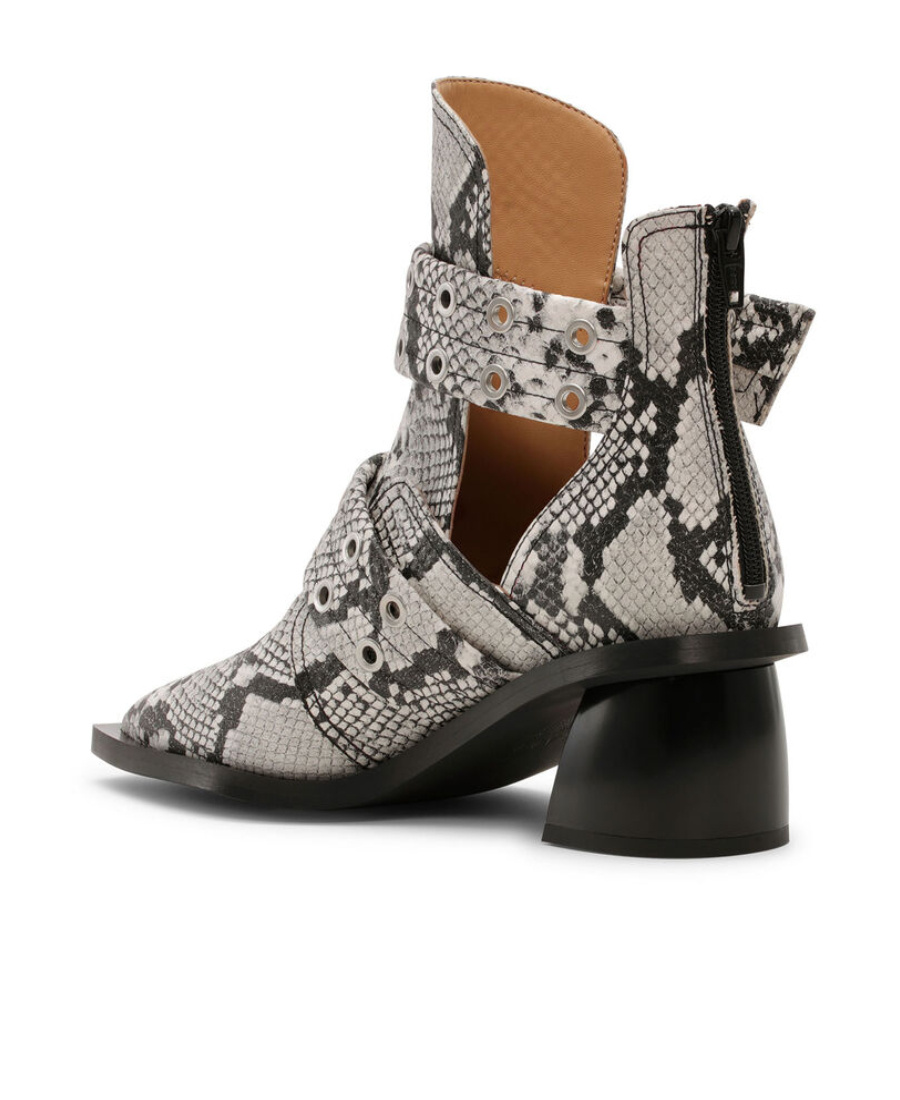 Ganni Snake Printed Chunky Buckle Open Cut Boots In Gray
