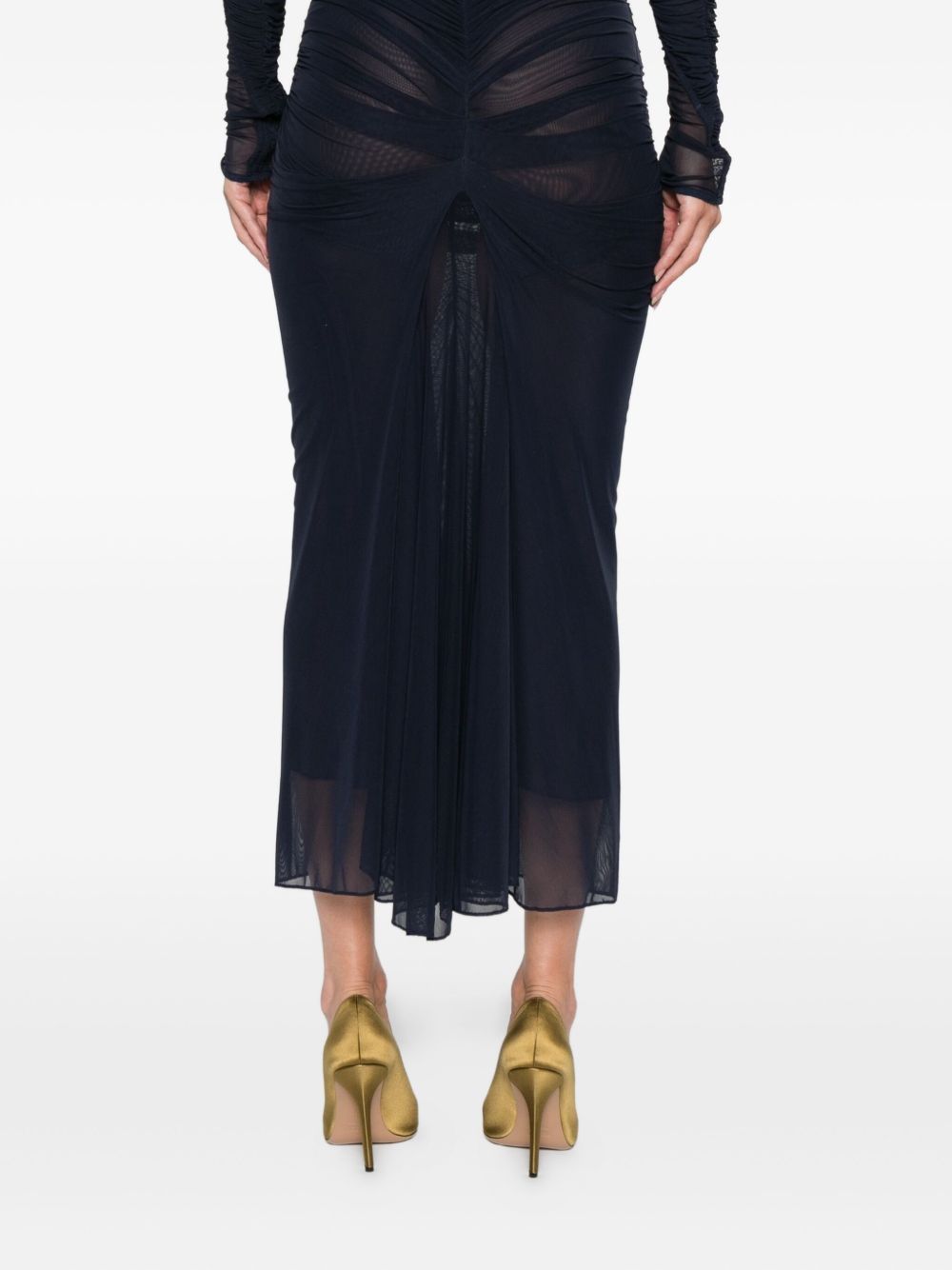 Mugler Black Ruched Mesh Midi Skirt In Black