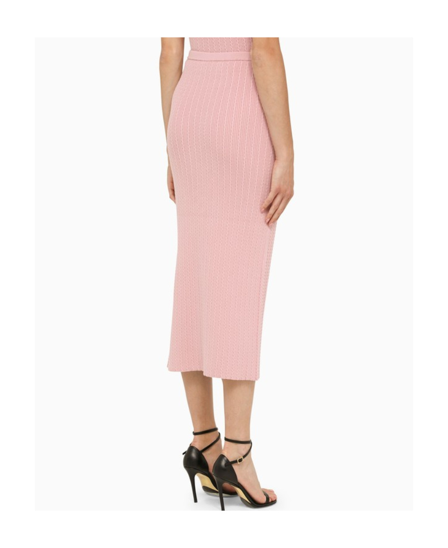 Alessandra Rich Cotton Blend Ribbed Midi Skirt With Elastic Waistband In Pink
