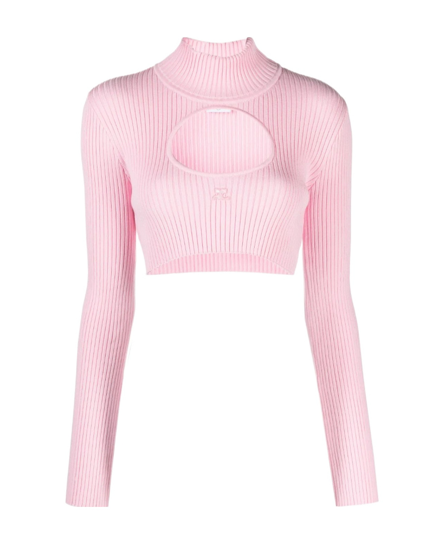 Courrèges Pink Circle Mockneck Ribbed Crop Top In Pink