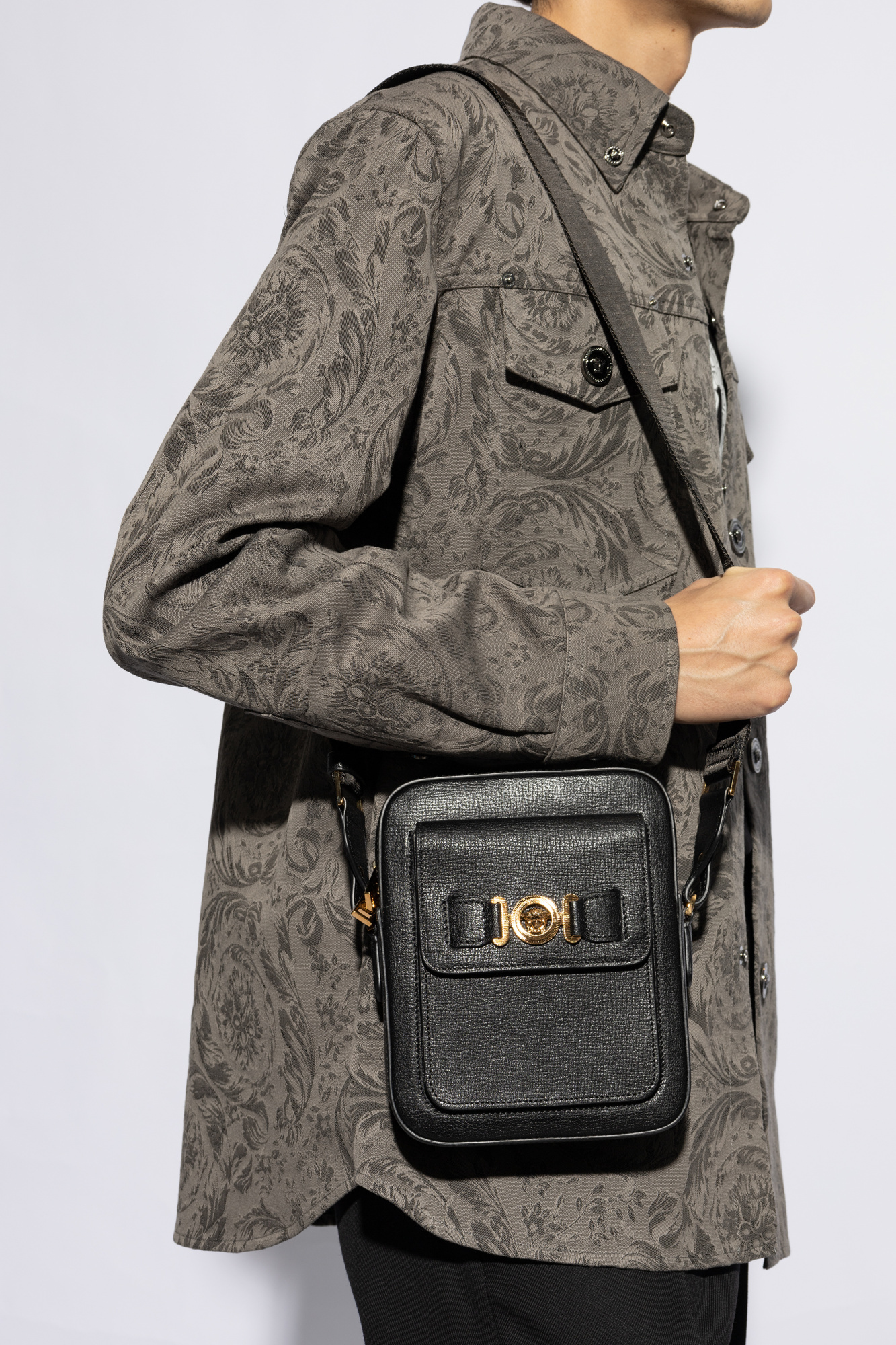 Versace Man Black Leather Medusa Biggie Crossbody Bag In Black