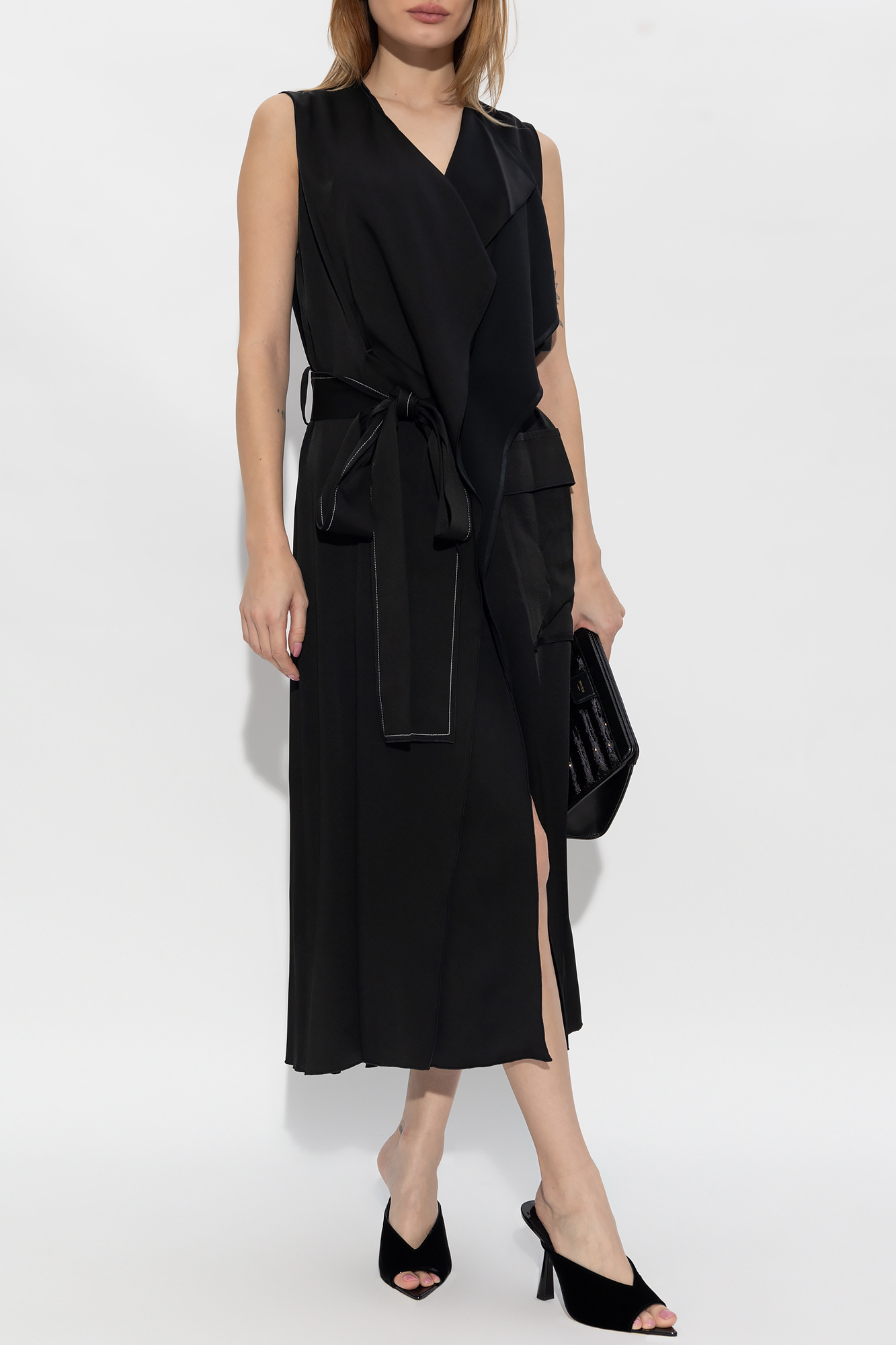 Victoria Beckham Belted Sleeveless Midi Dress In Black