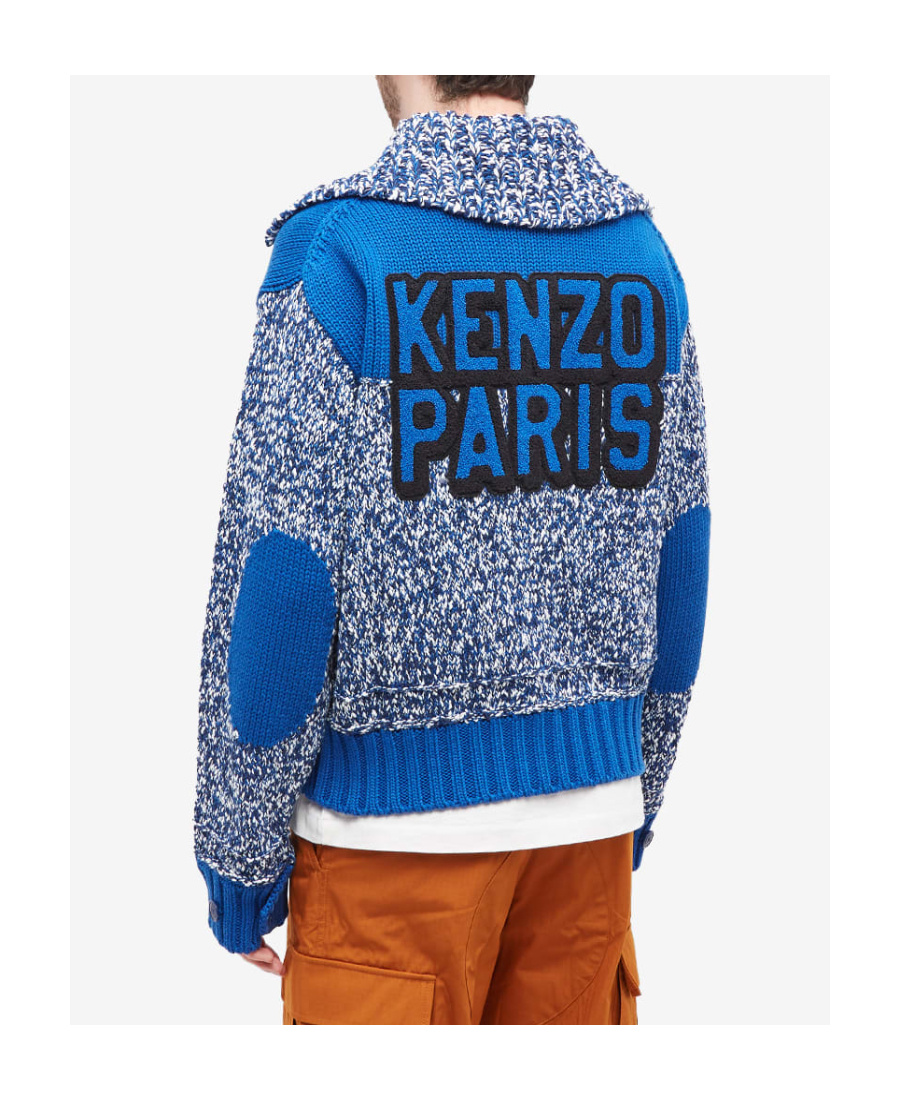 Kenzo Contrast-panel Knitted Cardigan In Blue