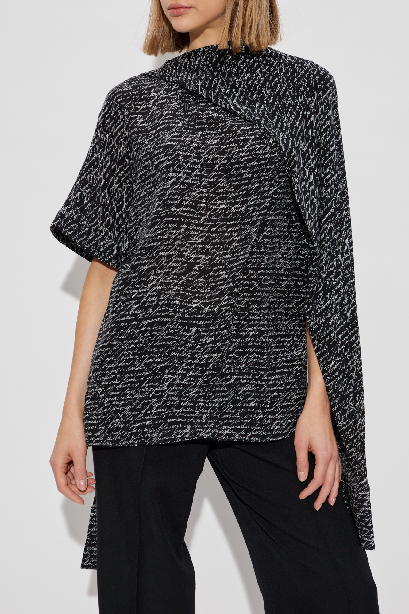 Balmain Script Print Silk Blouse In Black