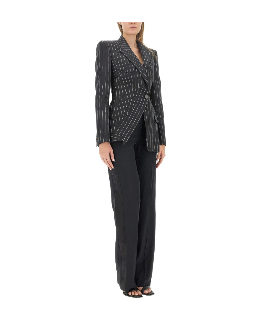 Alexander Mcqueen Pinstripe Asymmetrical Wool Blazer In Black