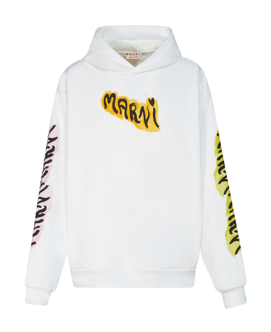 Marni White Bio Cotton Hoodie With Graffiti Prints In White