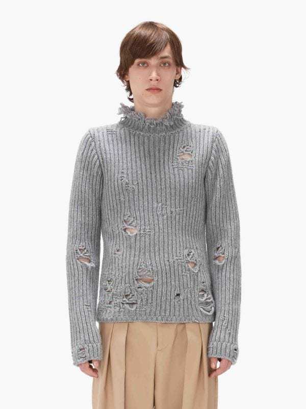 Jw Anderson Distressed-effect Merino-wool Jumper In Gray
