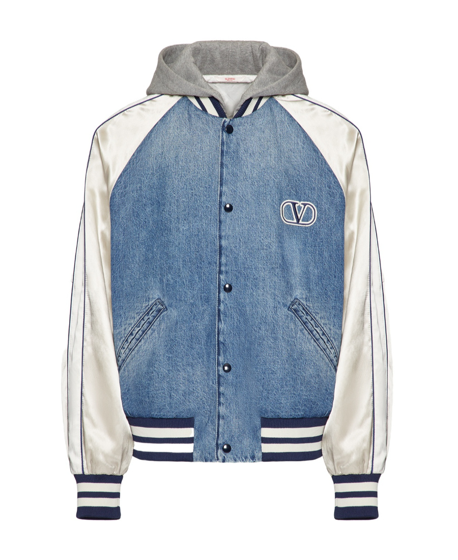 Valentino Double-layered Hooded Varsity Jacket In Blue