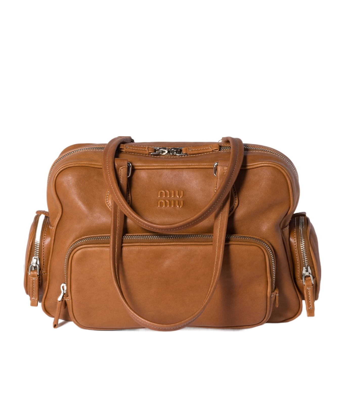 Miu Miu Pocket Nappa Leather Top-handle Bag In Brown