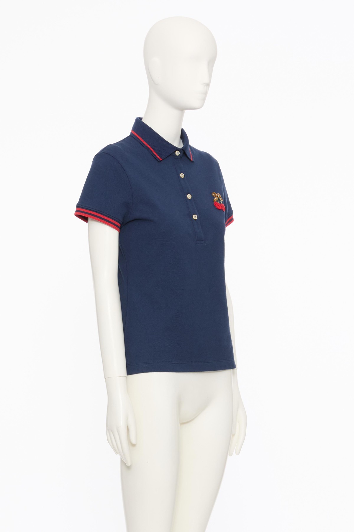 Valentino Cherry Embroidery Polo With Contrast Trim In Blue