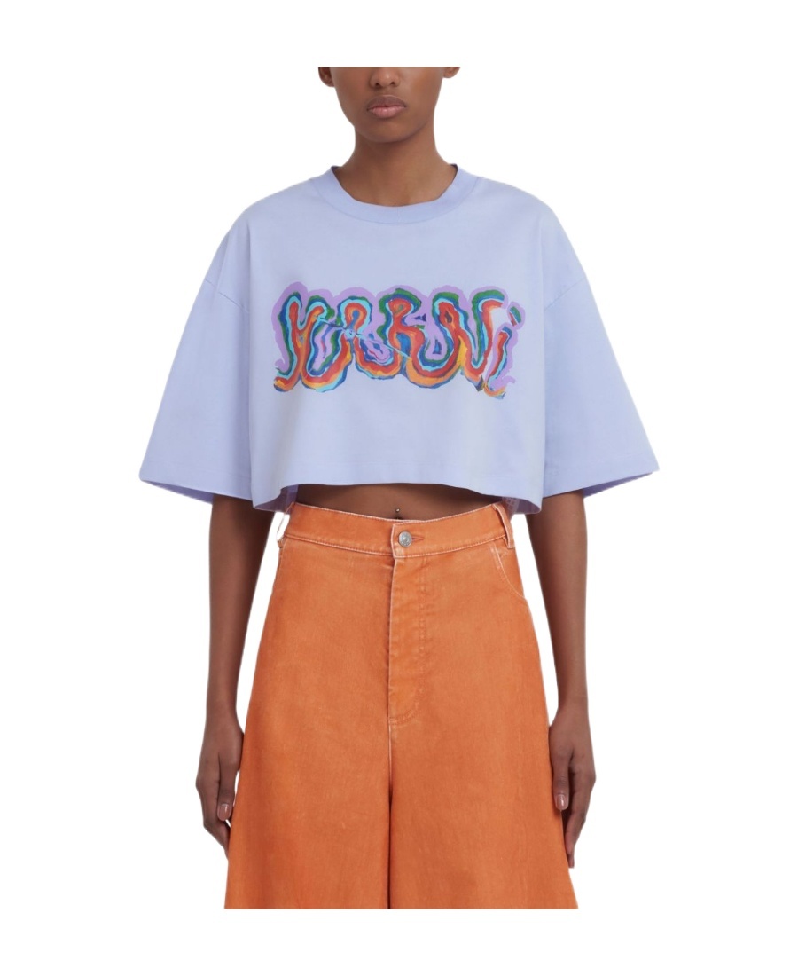 Marni Graphic-logo-print Cropped T-shirt In Blue