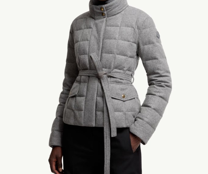 Moncler Women Bussettes Wool Blend Belted Short Down Jacket Grey In Gray