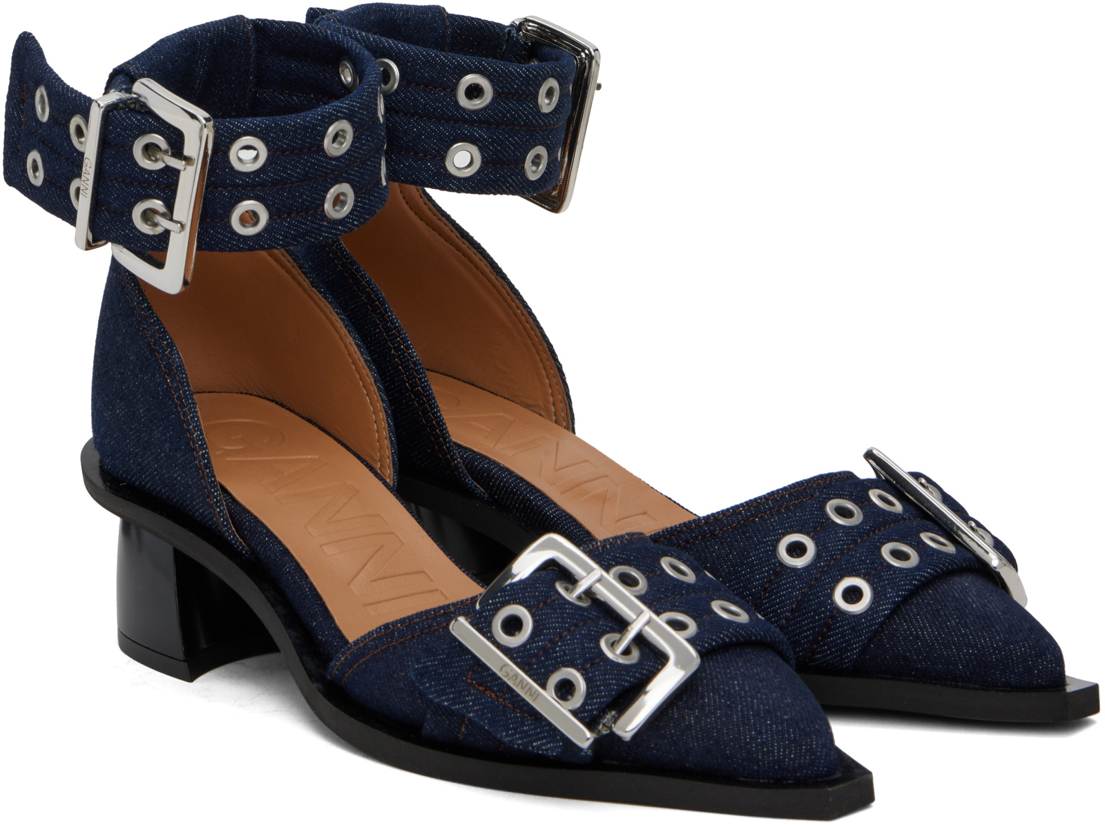 Ganni Denim Feminine Buckle Open Cut Pumps