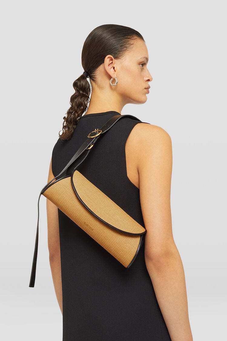 Jil Sander Small Cannolo Interwoven Raffia Shoulder Bag In Nude