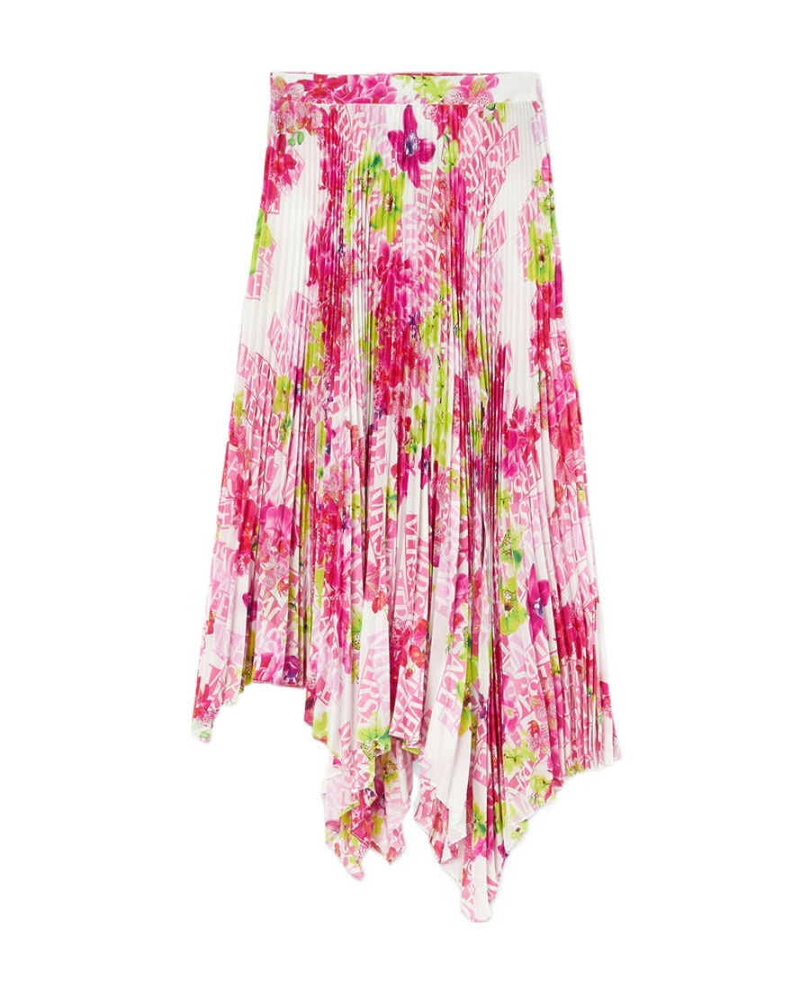Versace Orchid Print Pleated Crepe Midi Skirt In Pink