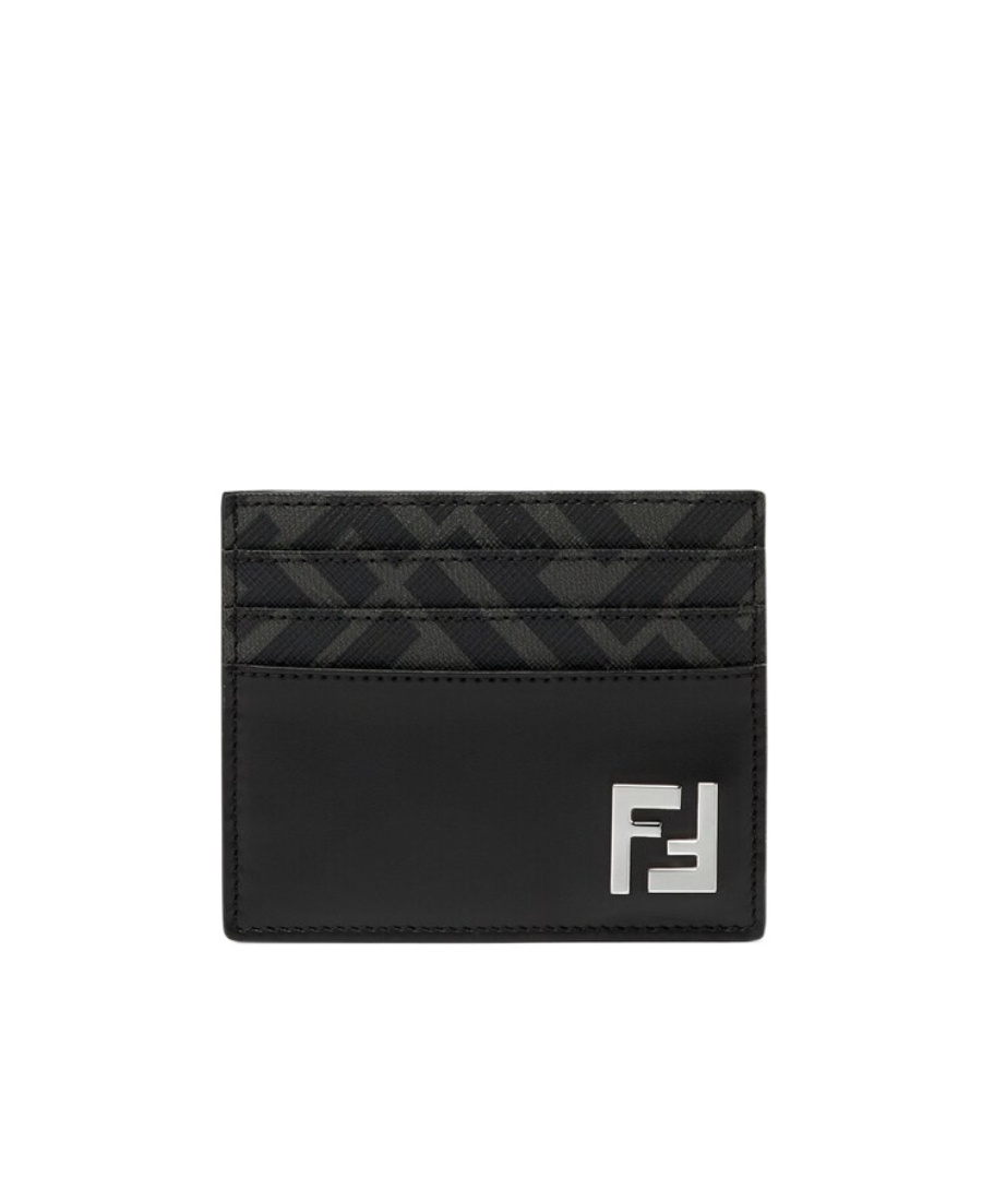 Fendi Brown Card-holder With Squared Ff Motif In Leather And Ff Canvas Man In Black