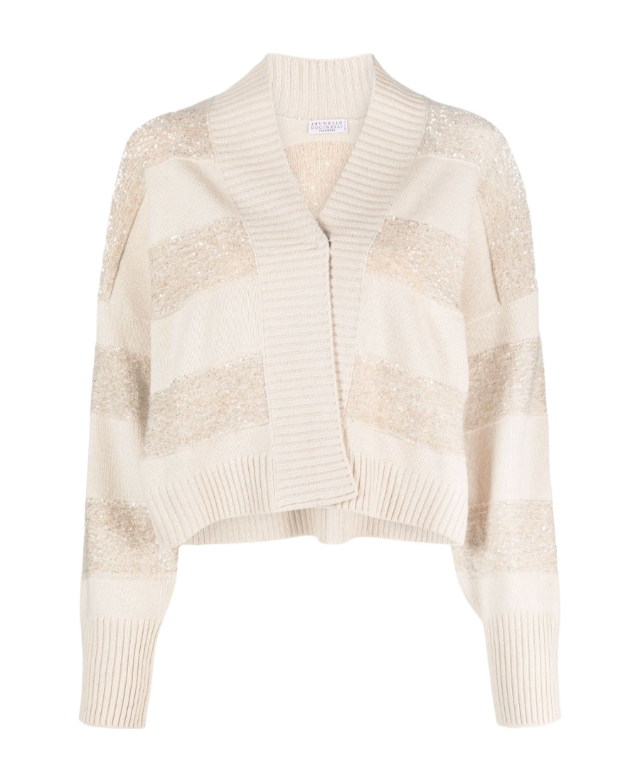 Brunello Cucinelli Stripe Embellished Rib Trim Cardigan In Neutral