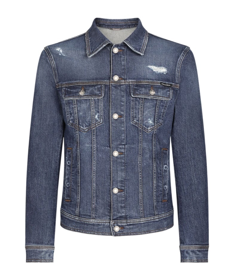 Dolce & Gabbana Blue Jacket With Classic Collar And Rips In Denim Stretch Man In Blue