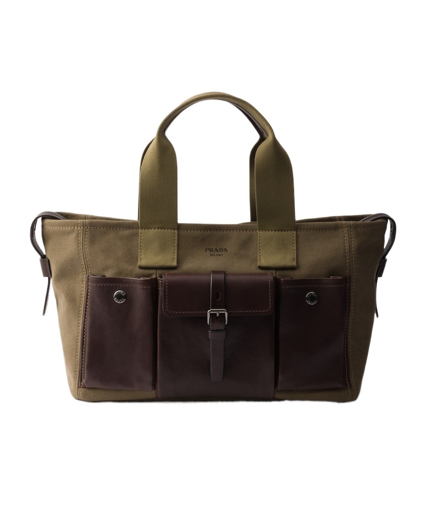 Prada Route Large Canvas And Leather Tote Bag In Military Green