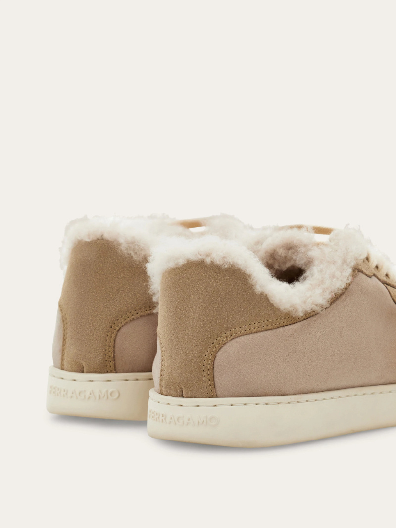 Ferragamo Low Cut Sneaker With Shearling Detail In Animal Print