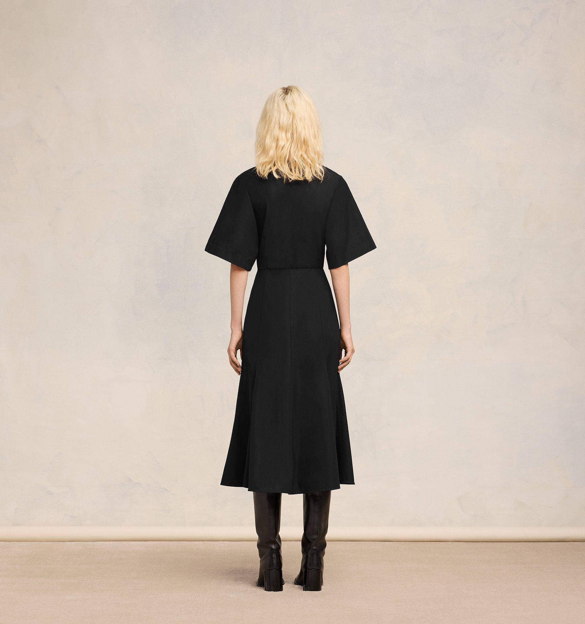 Ami Alexandre Mattiussi Midi Black Dress With Short Sleeves And Hidden Tab In Cotton Woman In Black