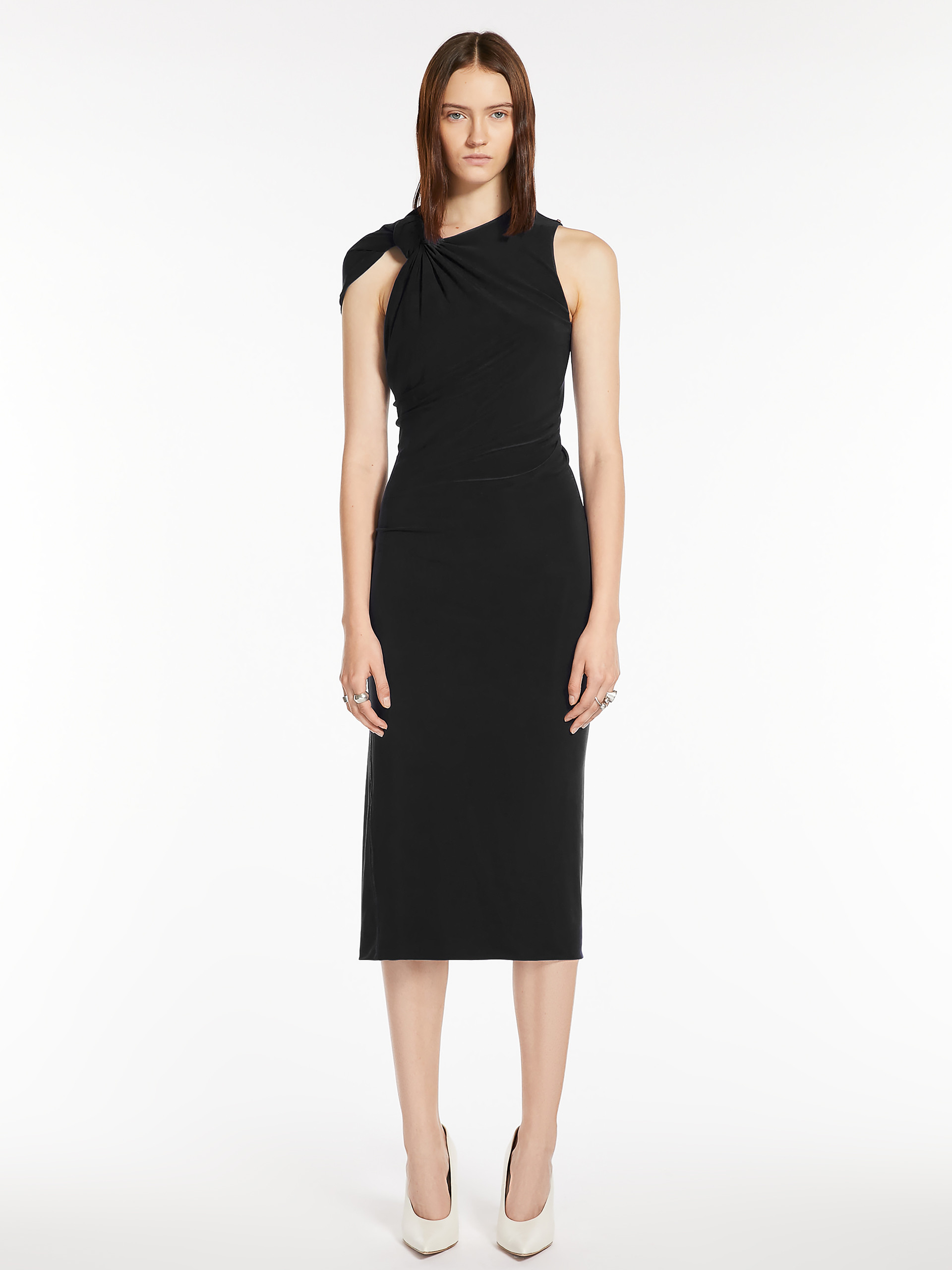 Sportmax Midi Black Dress With Knot Detail In Stretch Fabric Woman In Black