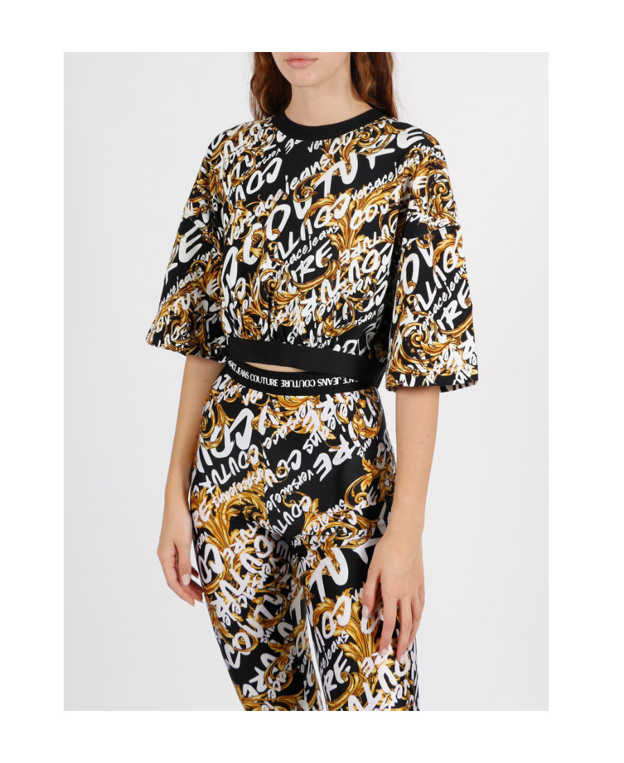 Versace Jeans Logo-print Wide-sleeve Cropped Top In Multi