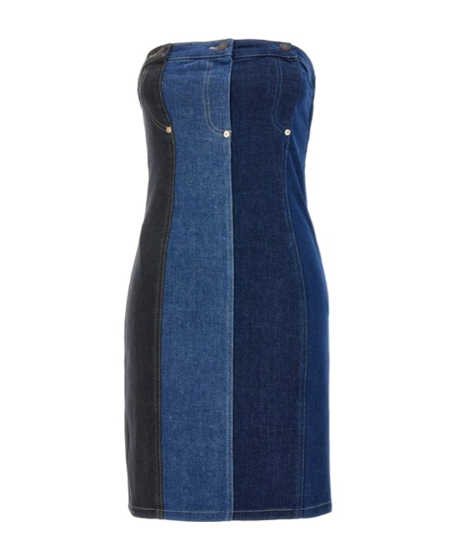 Moschino Fitted Strapless Mini Dress With Contrast Stitching In Blue
