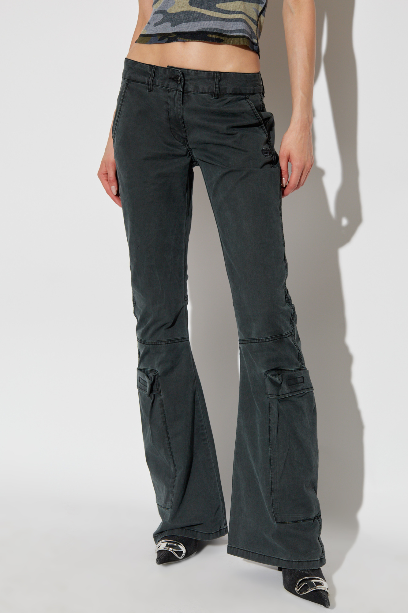 Diesel Low-rise Cotton Flared Trousers In Black