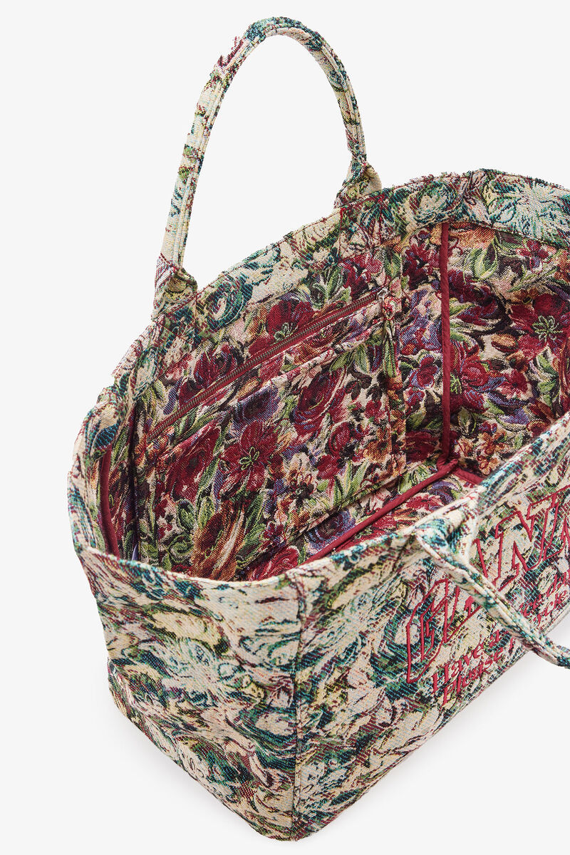 Ganni Large Floral-pattern Tapestry-effect Tote Bag In Brown