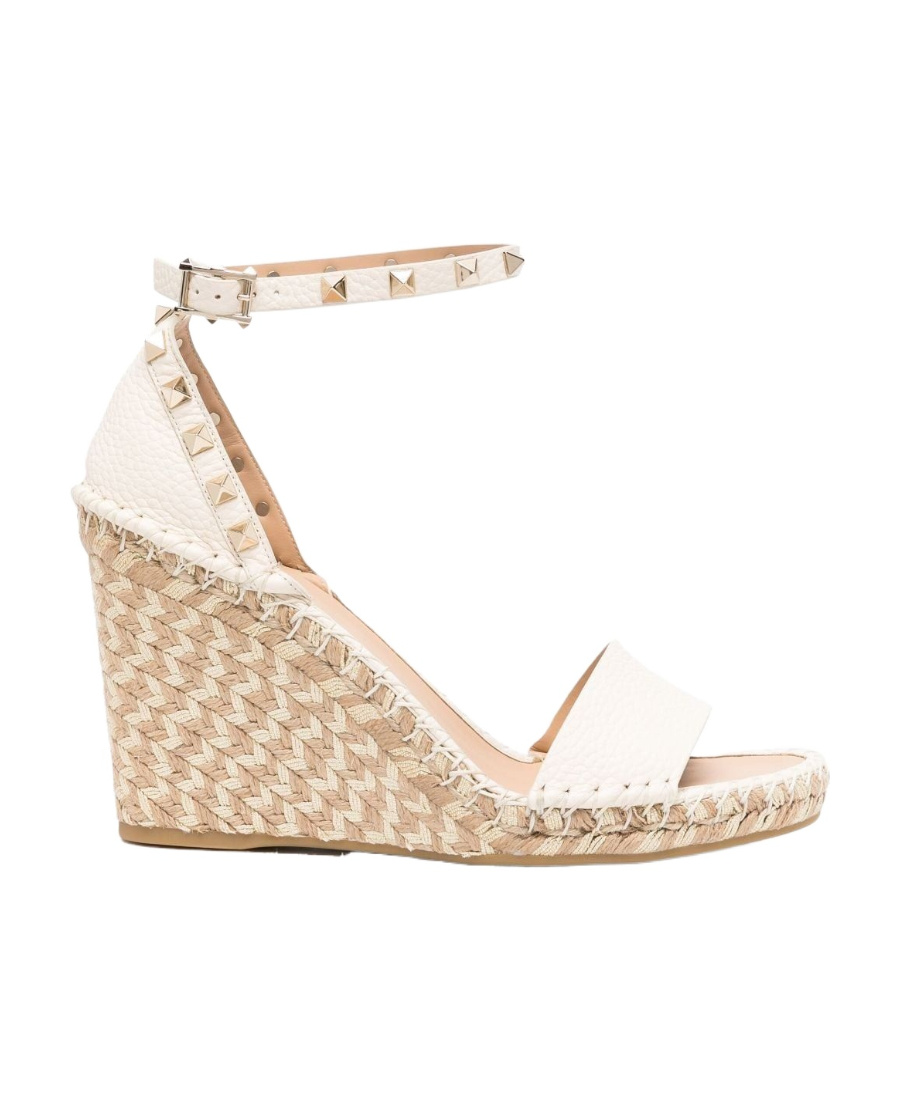Valentino Rockstud Double T. 15/105 Wedge Espadrilles In White