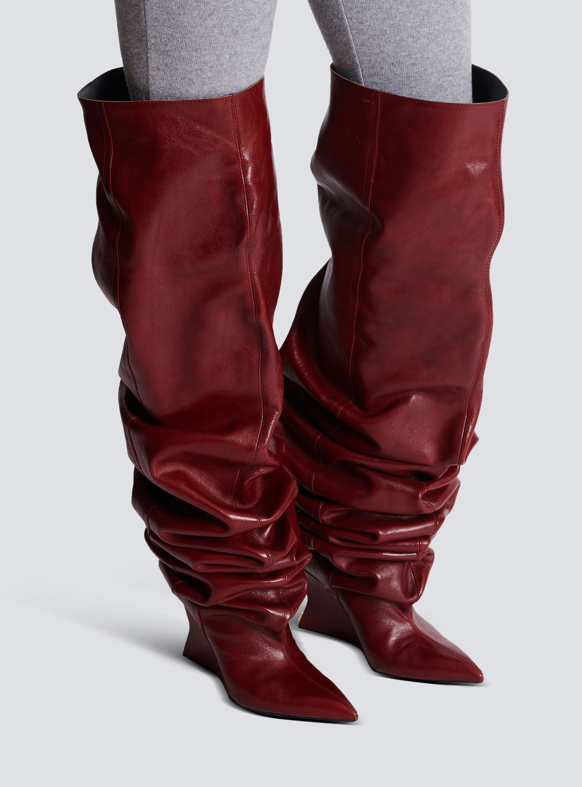 Balmain Wedge Thigh-high Boots In Burgundy