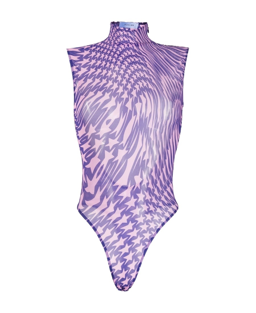 Mugler Star-print Mesh Bodysuit In Purple