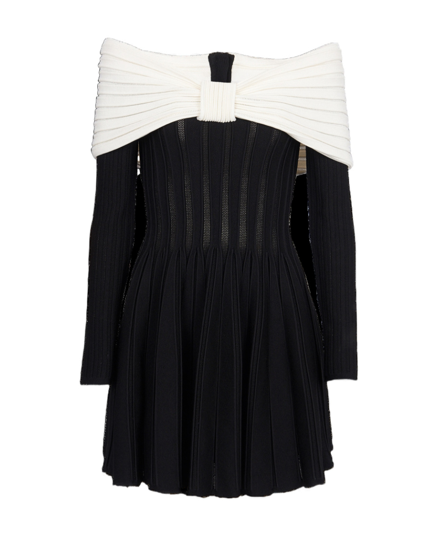 Balmain Off-the-shoulder Two-tone Ribbed-knit Mini Dress In Black