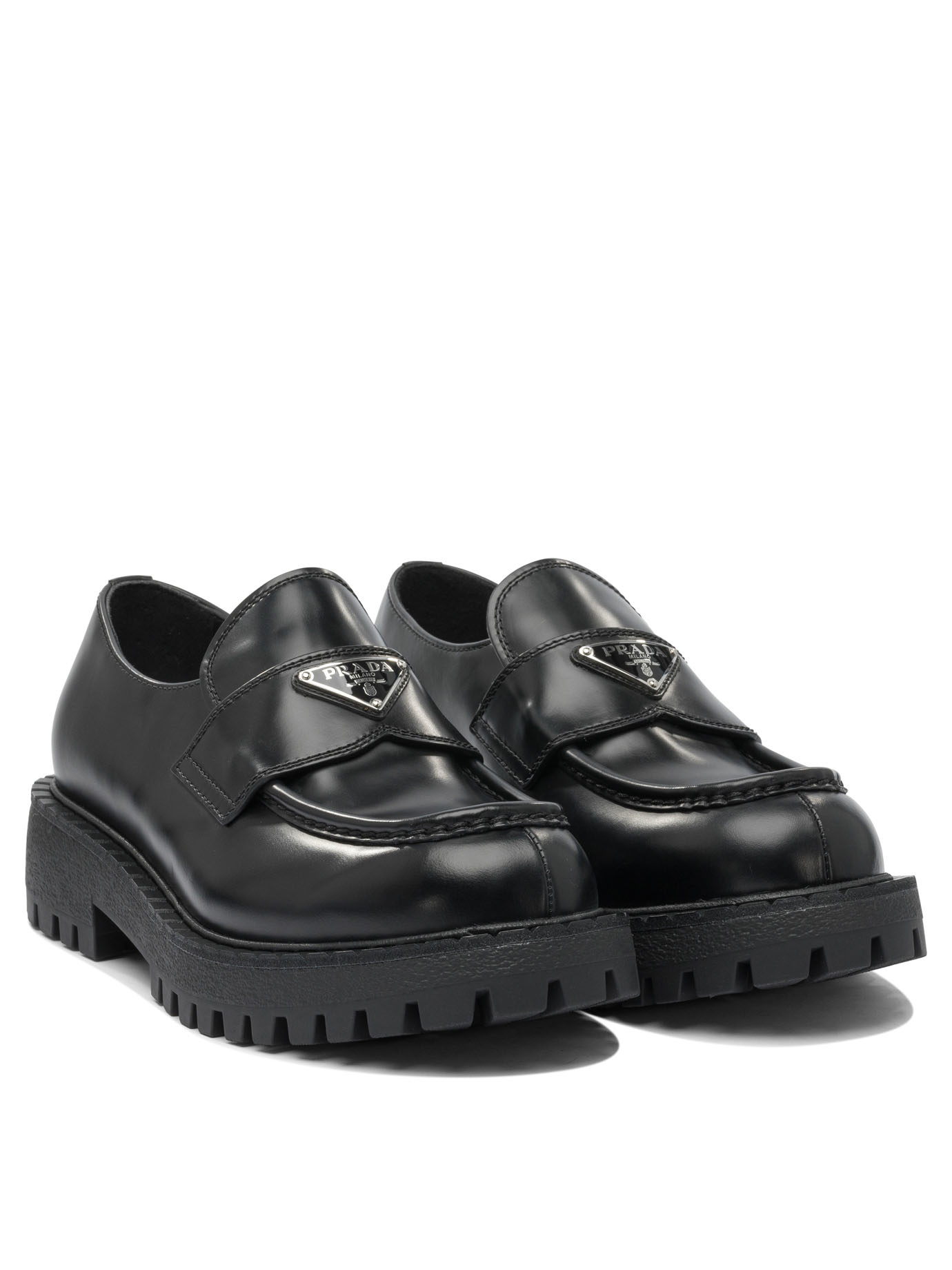 Prada Polished Black Leather Loafers With Chunky Rubber Sole