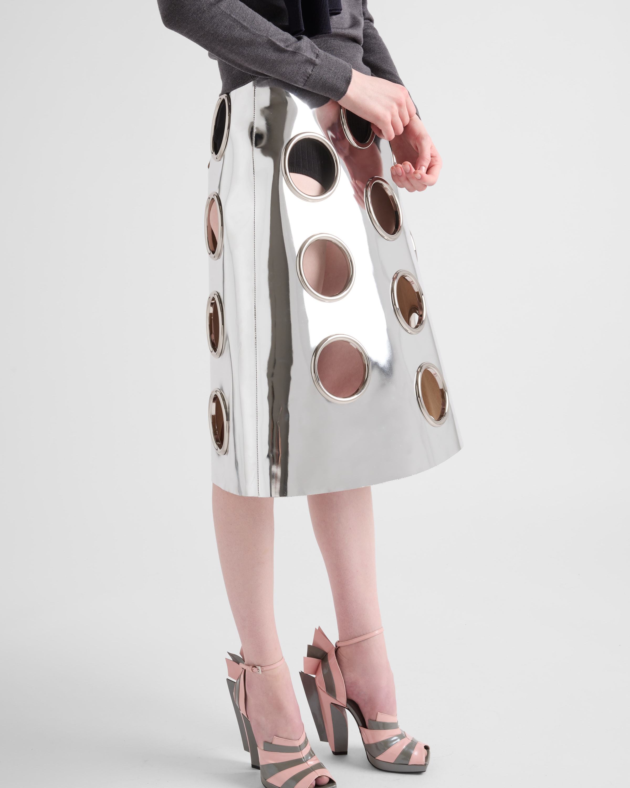 Prada Metallic-effect Leather Midi Skirt In Silver
