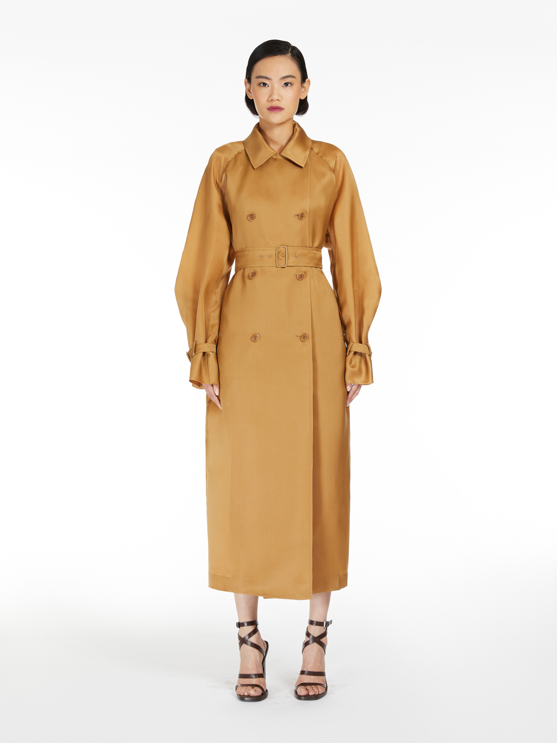 Max Mara Long Double Breasted Coat With Belted Cuffs In Nude