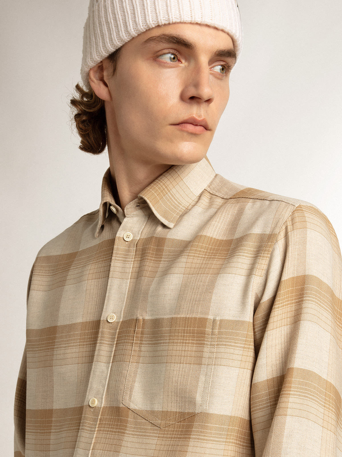 Golden Goose Check Pattern Shirt With Button-down Collar In Nude