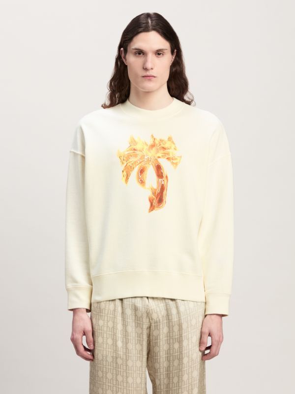 Palm Angels White Crewneck Sweatshirt With Burning Logo Print In Cotton Man In White