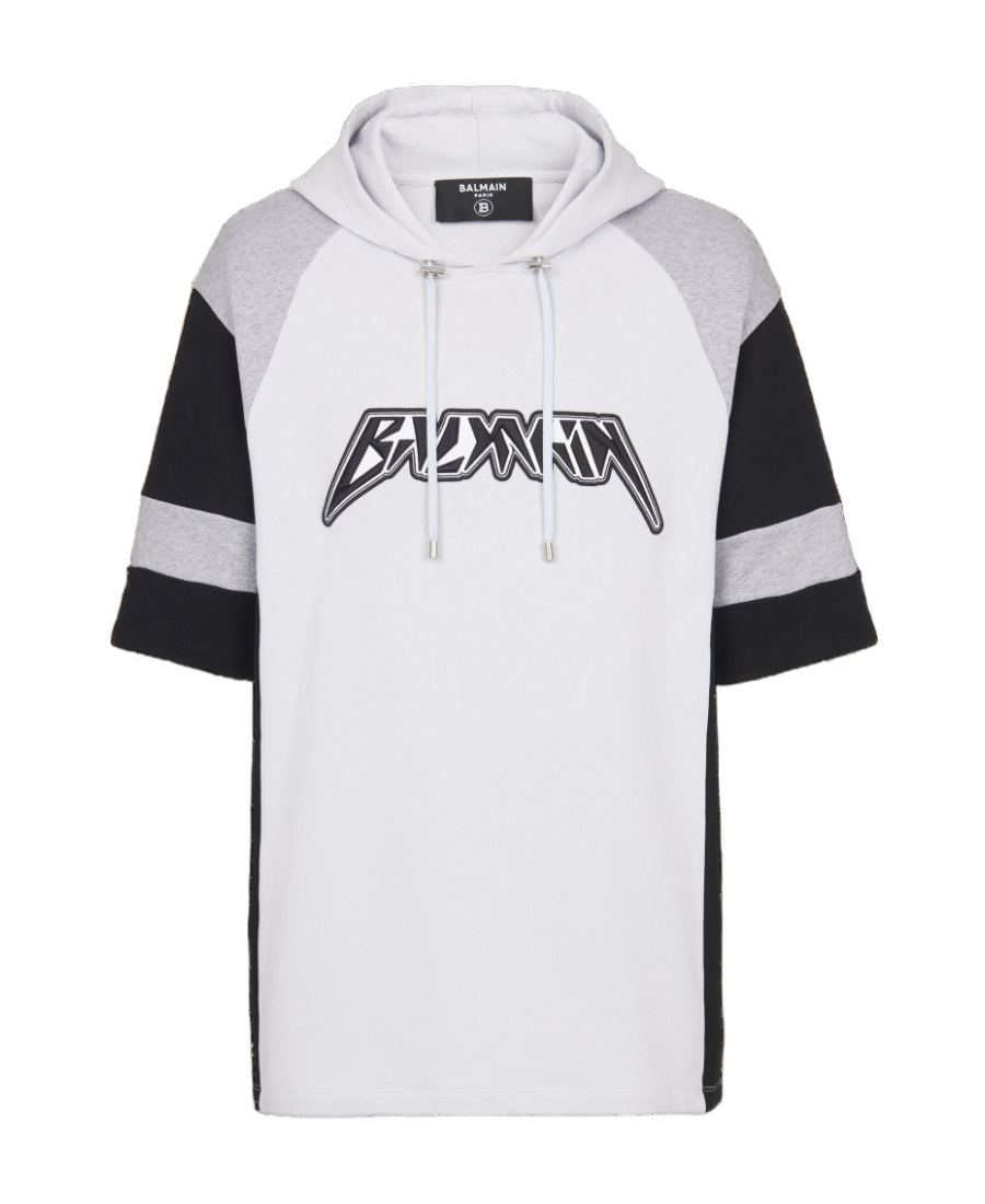 Balmain Logo-embroidered Short-sleeve Hoodie In White