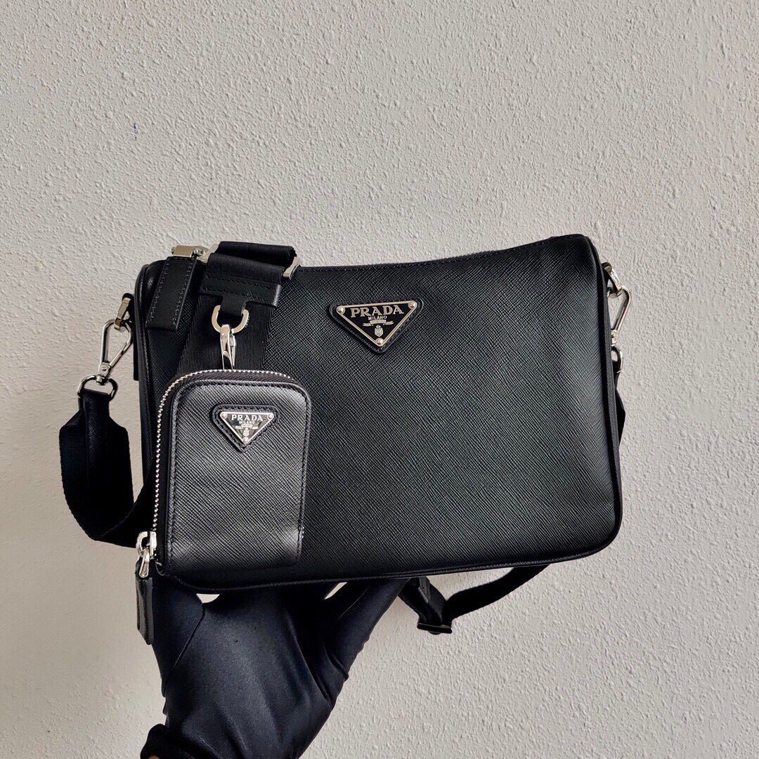 Prada Mens Black Re-nylon Leather And Recycled-nylon Shoulder Bag In Black