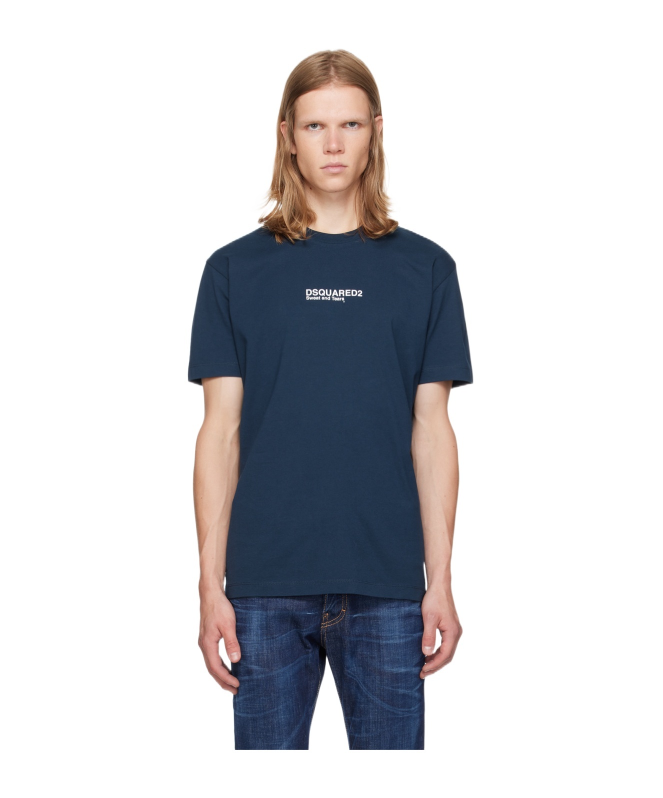 Dsquared2 Blue Crewneck T-shirt With Logo Lettering On The Front In Cotton Man In Blue