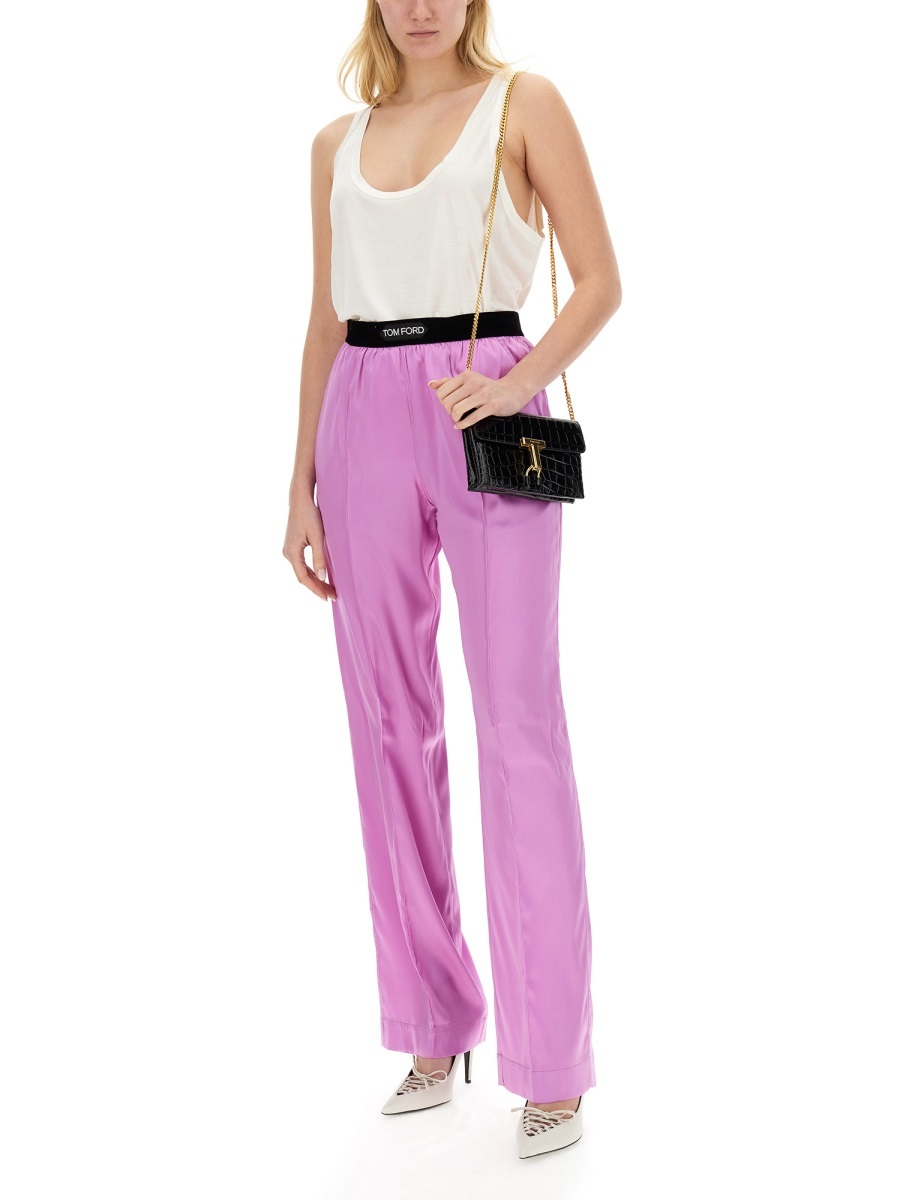 Tom Ford Fuchsia Satin Pants With Logo On Waistband In Stretch Silk Woman In Purple