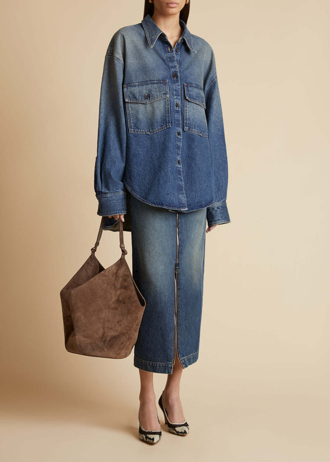 KHAITE ZIPPERED DENIM SKIRT