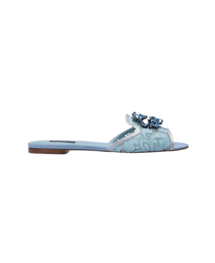 Dolce & Gabbana Bianca Crystal Embellished Lace Flat Sandals In Blue