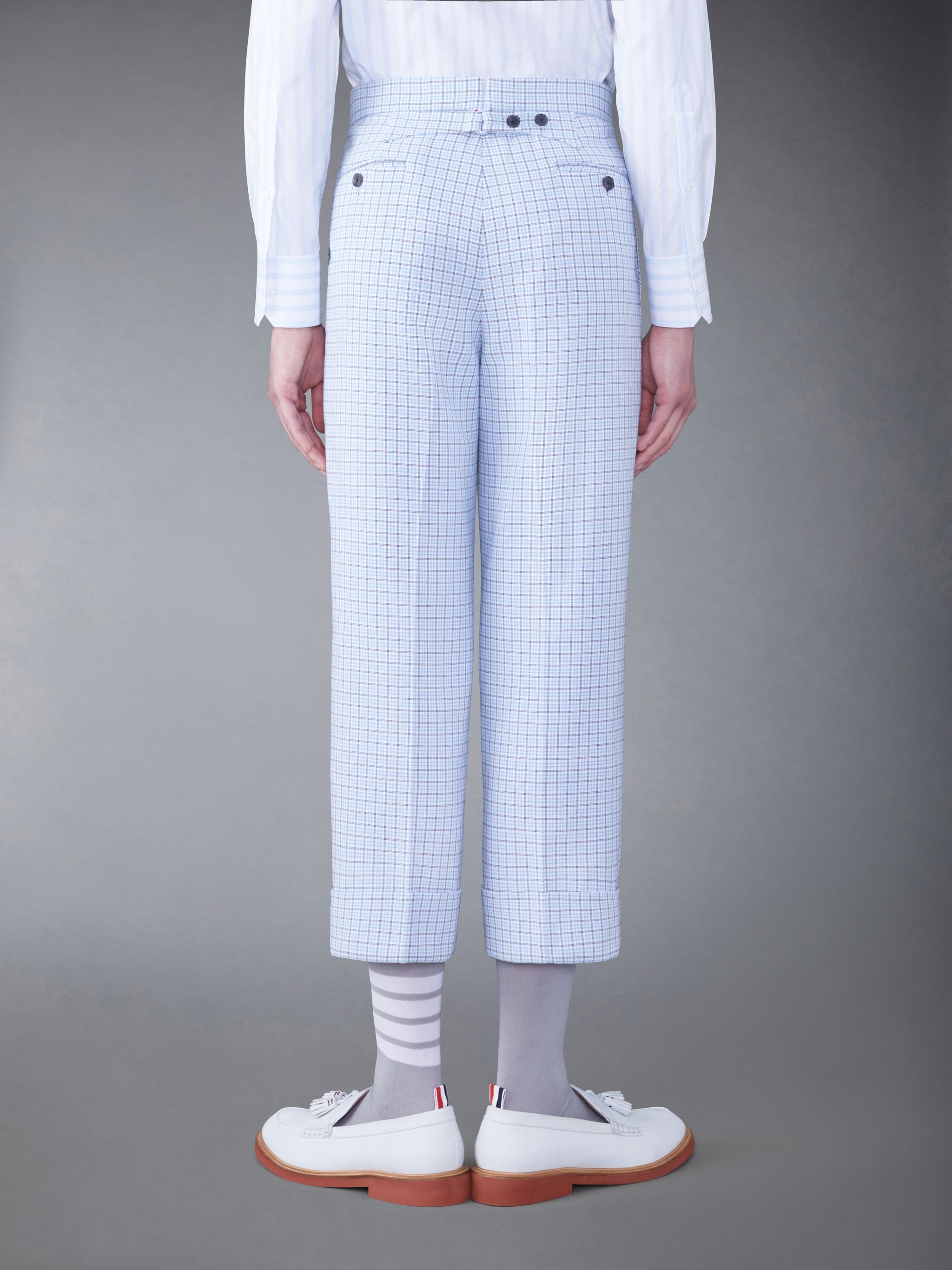 Thom Browne Backstrap-detail Checked Tailored Trousers In Blue