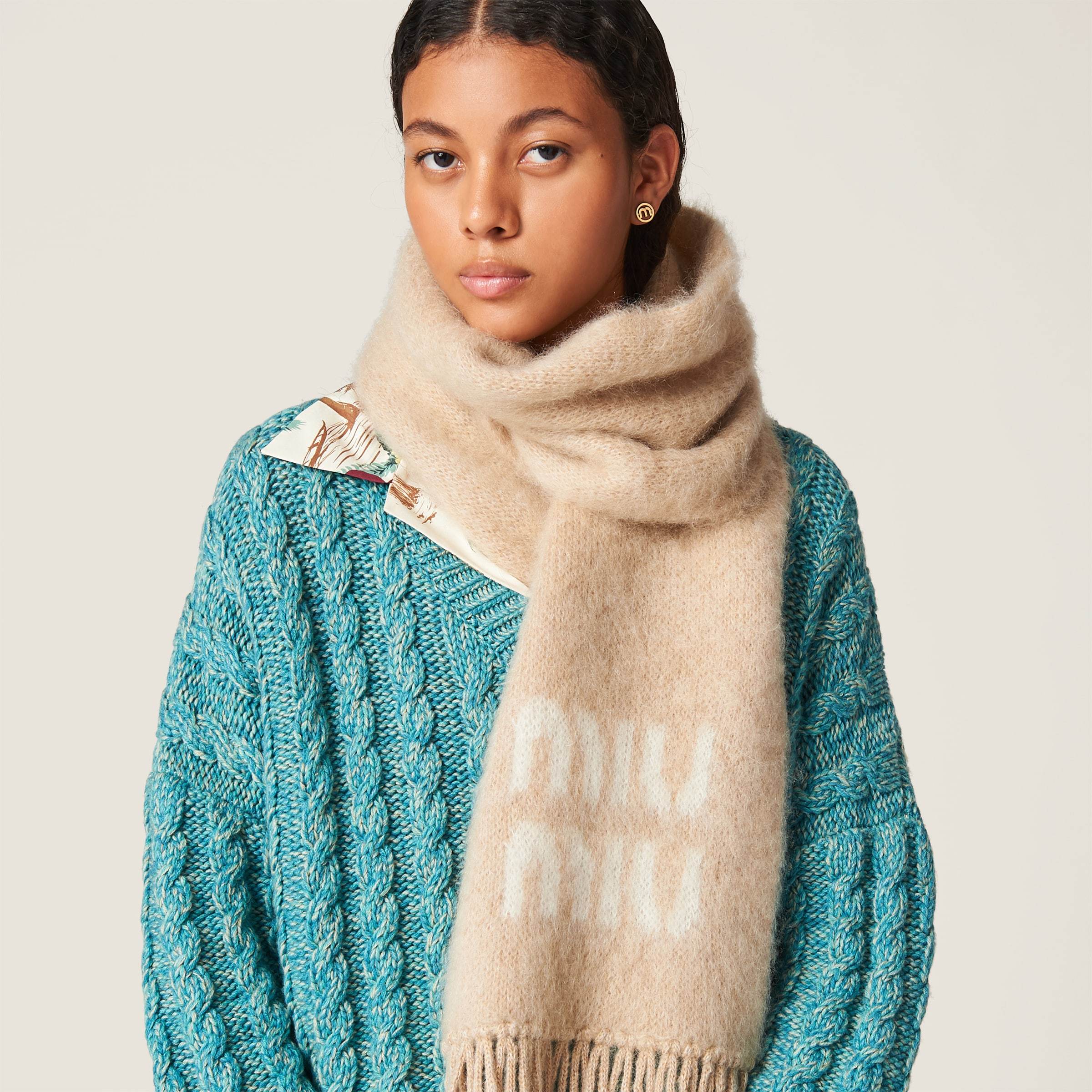 Miu Miu Logo-jacquard Fringed Scarf In Nude